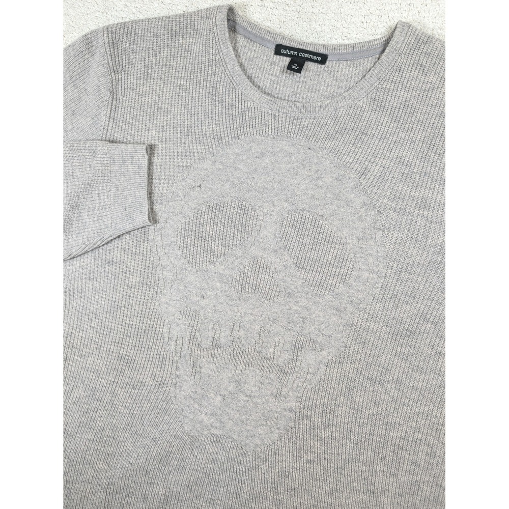 Autumn Cashmere Mens Sweater Skull Intarsia Merino Wool Cashmere Grey Ribbed XL